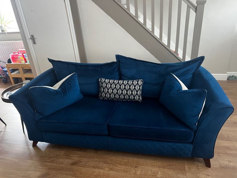 Lovely Blue Velvet Sofa and Loveseat Set – Good Condition