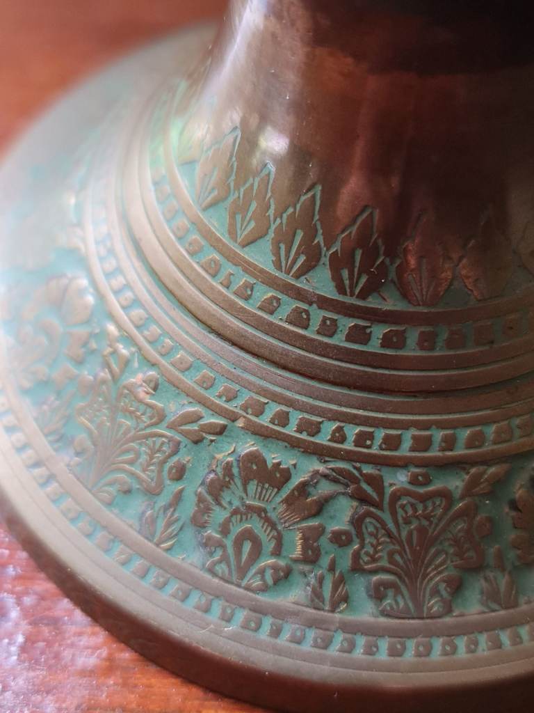 Vintage Niello Green Enamel & Brass Pot Vase