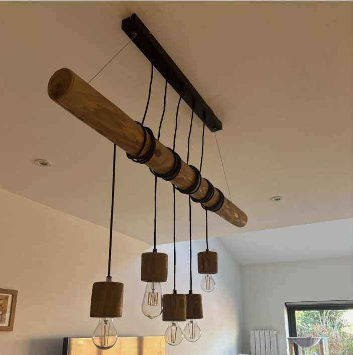 Canedo Pendant Light, 5-Flame Hanging lamp Made of Metal/Wood in Black/Natural Scandinavian Design