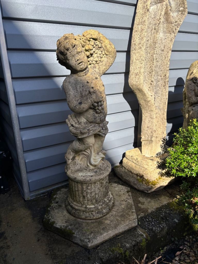 Weathered Stone Antique Garden Cherub Statue