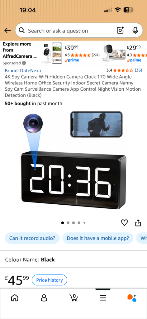 DateNexa 4K Spy Camera WIFI Hidden Camera Clock - Black