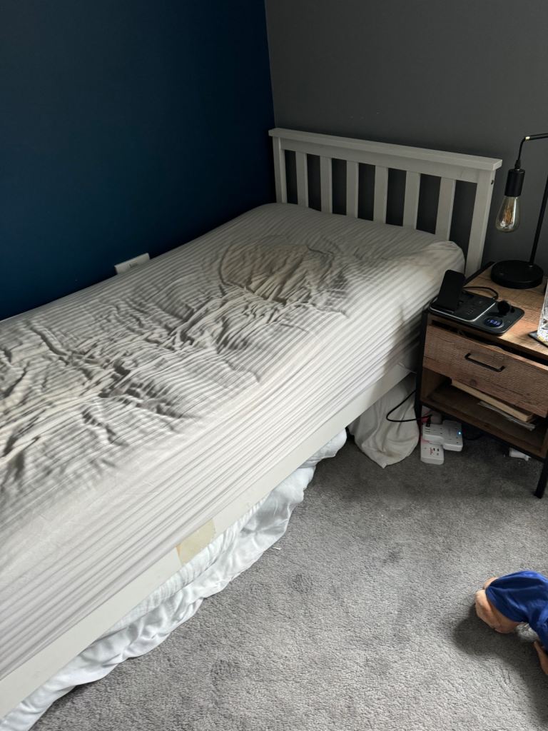 Single white wood bed with mattress 