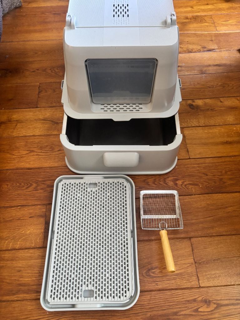 XL Enclosed Cat Litter Box Stainless Steel Pull-Out Tray Top Entry + Scoop