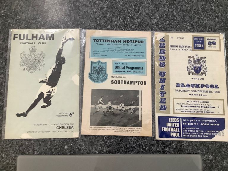 3 x 1966 matchday programs Tottenham Leeds Fulham Chelsea Blackpool Southampton 
