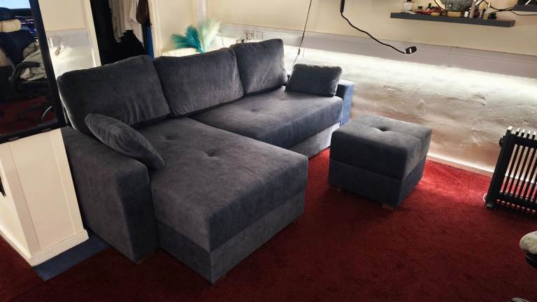 Mocca King Size Corner Sofa Bed Marble Velvet Storage + Footstool Left Grey