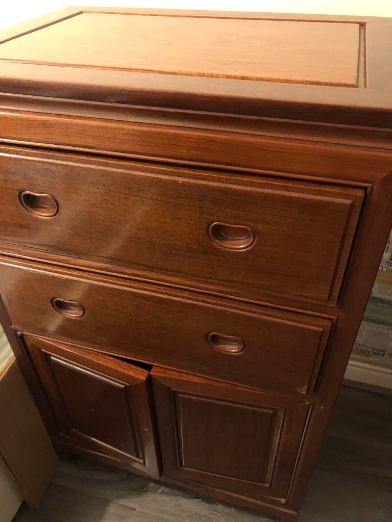 Chinese red wood chest of drawers and tea table