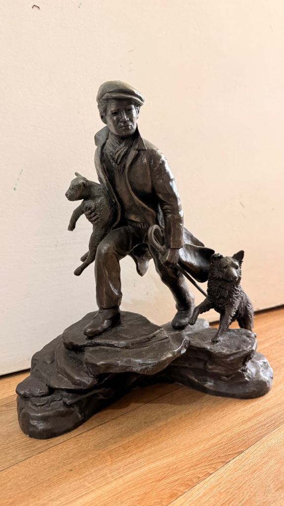 Vintage Bronze-Effect Shepherd Boy with Sheep and Dog Figurine