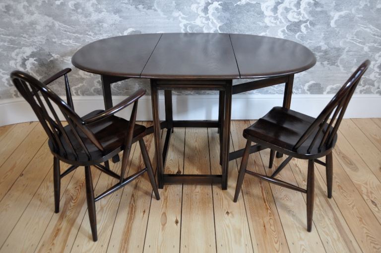 Vintage Retro Mid Designer Ercol Small Drop leaf Table and 2 Windsor Chairs in Dark Wood 
