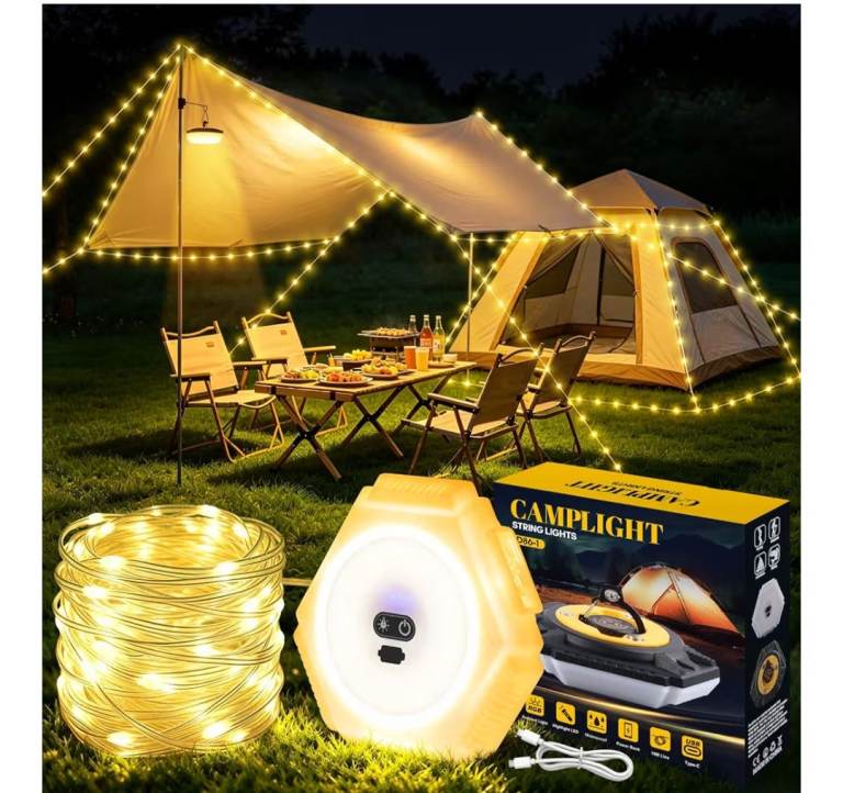 Camping String Lights, 10M Retractable Fairy Lights with 7 Lighting Modes