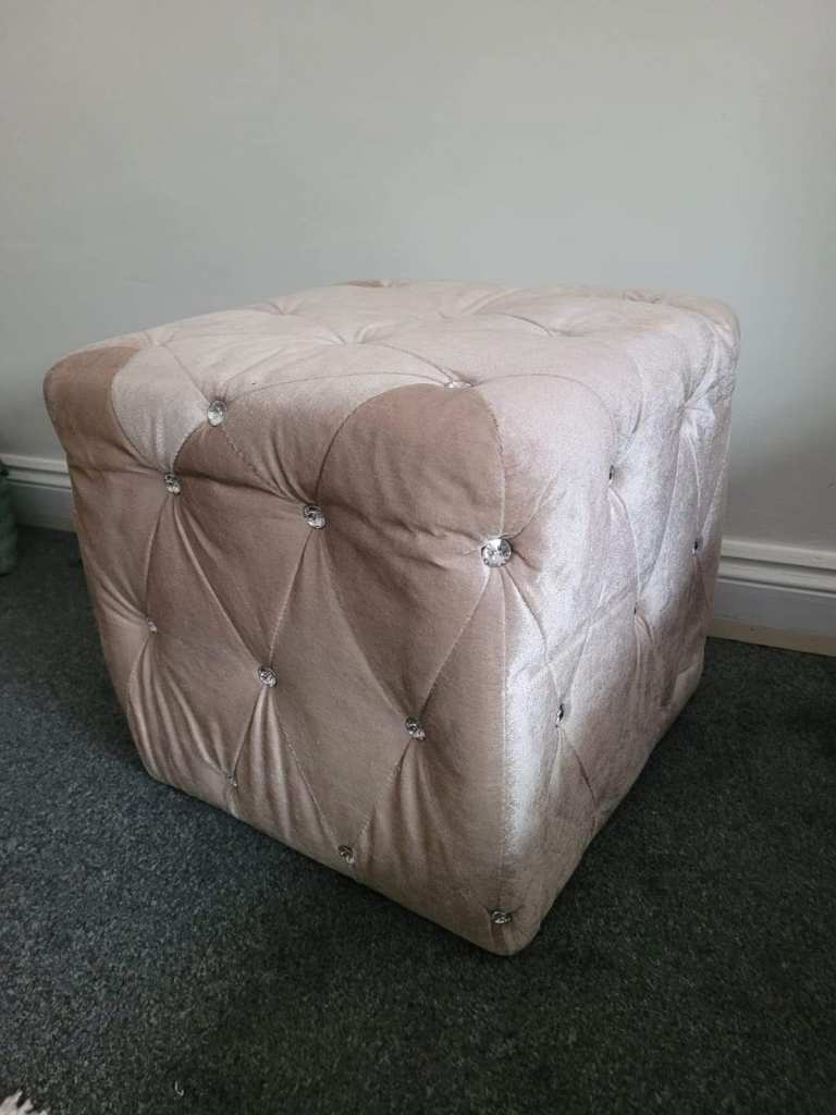White/cream real velvet glam pouf with glass studs.