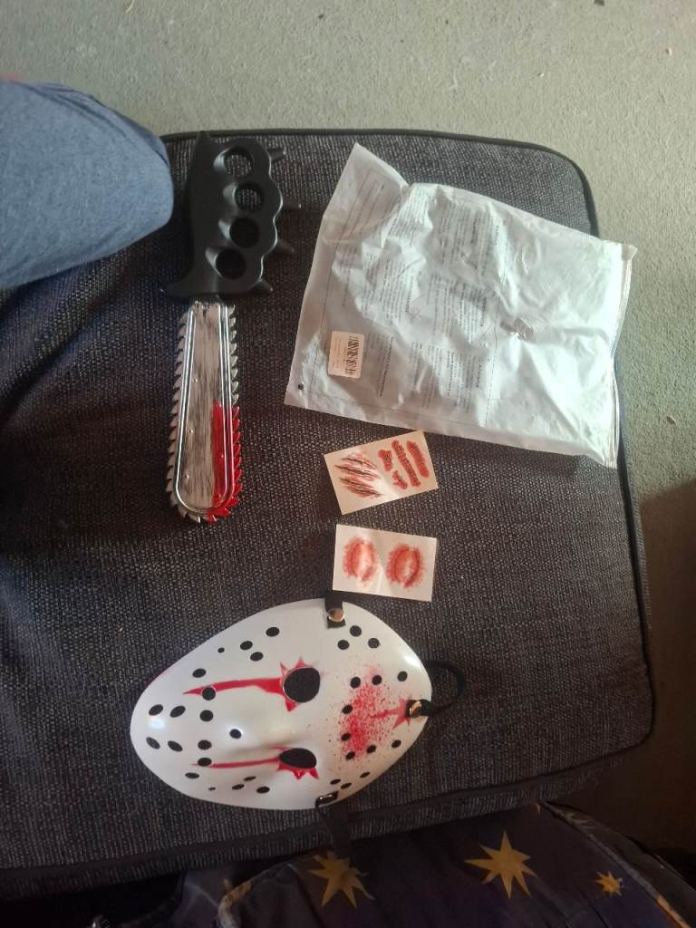 Halloween Jason Mask, Toy Chainsaw, and Tattoos - New