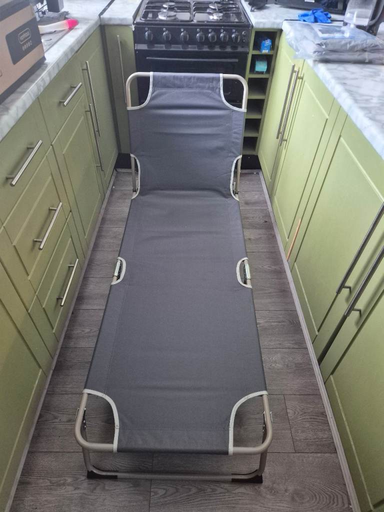 2pc Grey Folding Camping Bed / Sun Lounger with Cushion – Good Condition