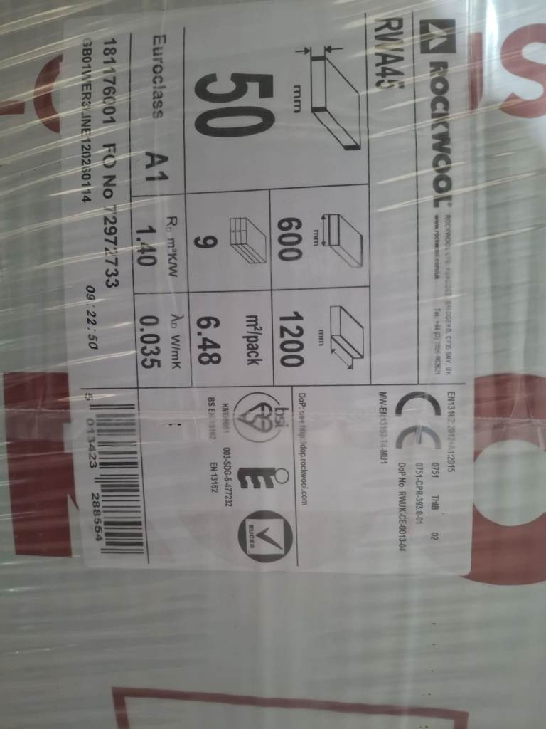 Rockwool RWA45 50mm Acoustic Thermal Insulation Slab 6.48m2