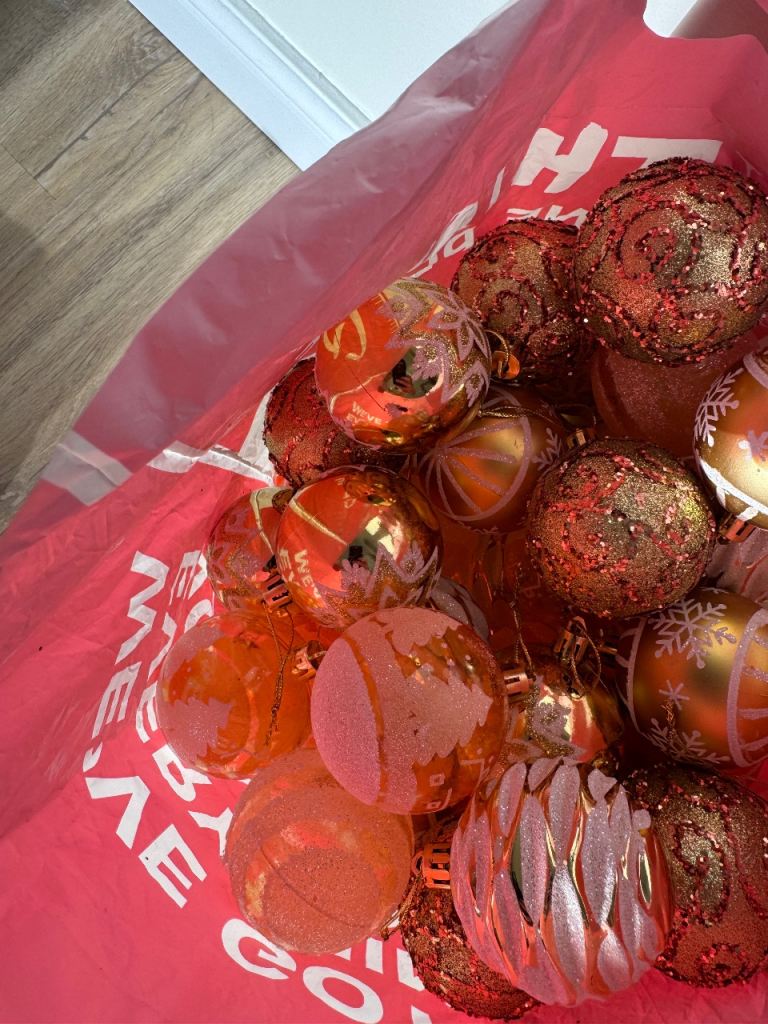 Large Bag of Orange & Gold Christmas Baubles – Good Condition