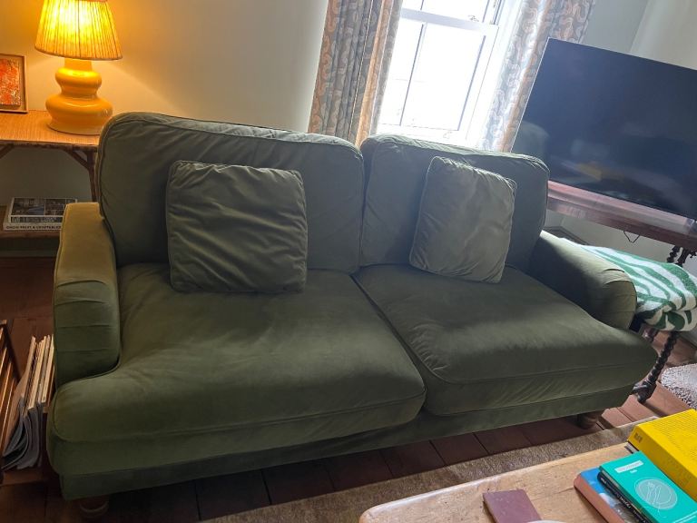 Velvet Green Fabric Three-Seater Sofa – Good Condition