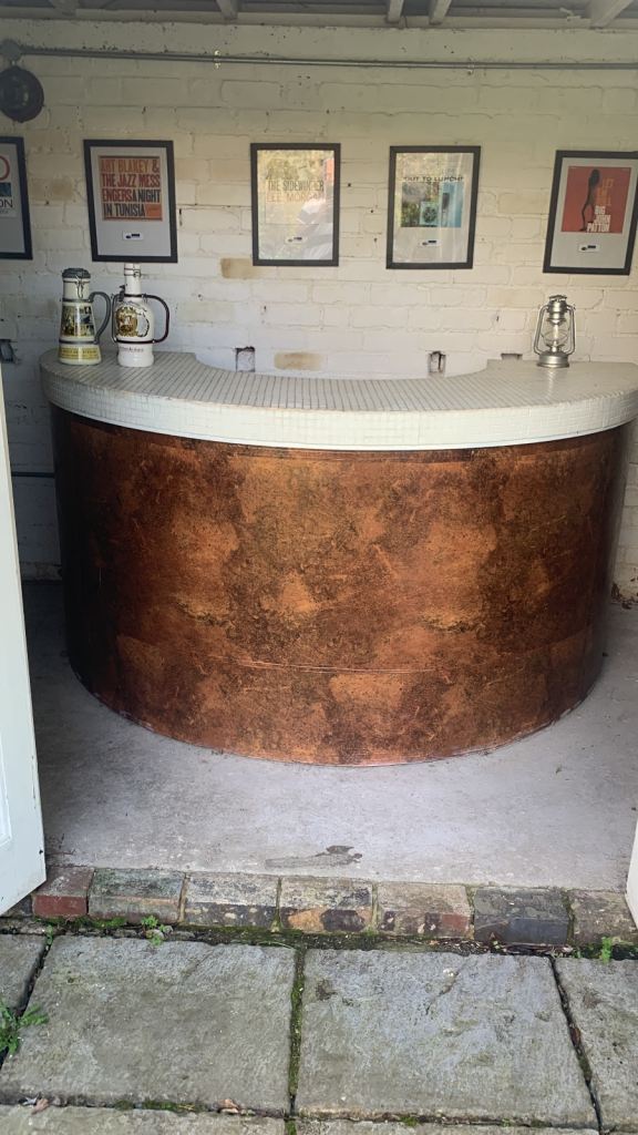 Garden bar solid wood tiled top bronze decal