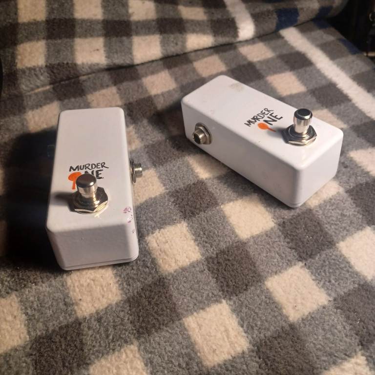 Two Vein-Tap Murder One non-latching kill switch pedals for guitar etc.