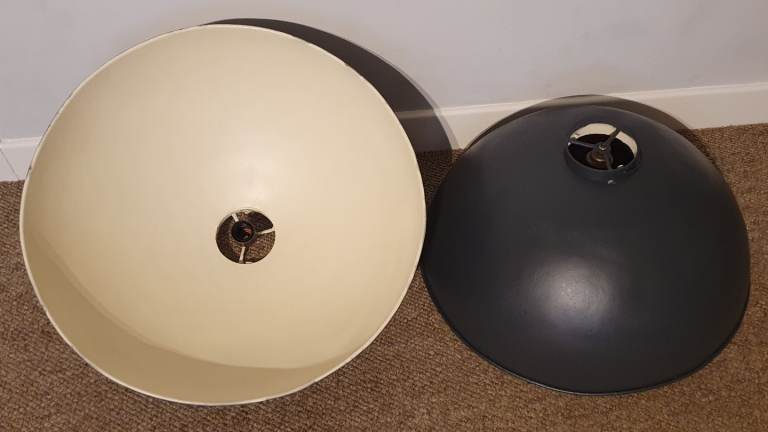 Pair Of Grey And White Metal Industrial Style Light Shades.