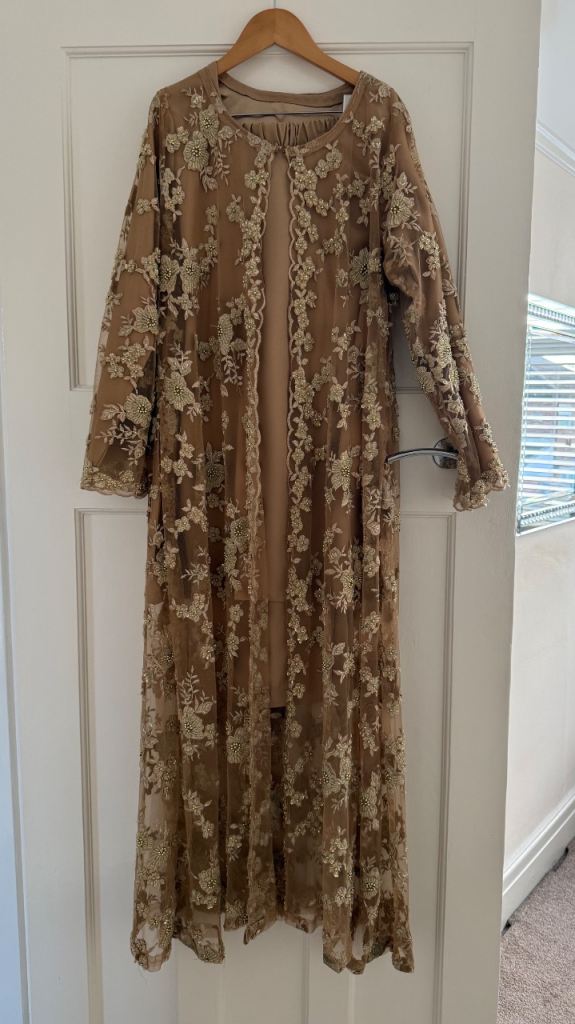 Gold Embroidered Jacket Style Dress with Inner Top and Pants