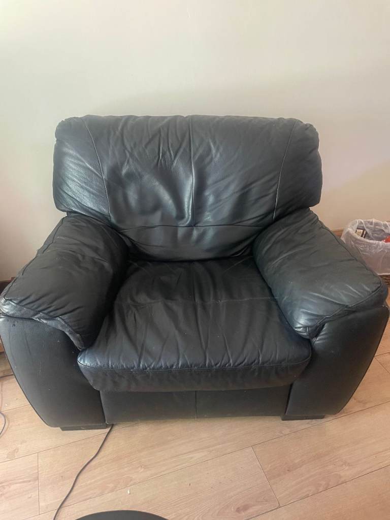 Black Faux Leather Armchair & 4 Seater sofa Good Condition