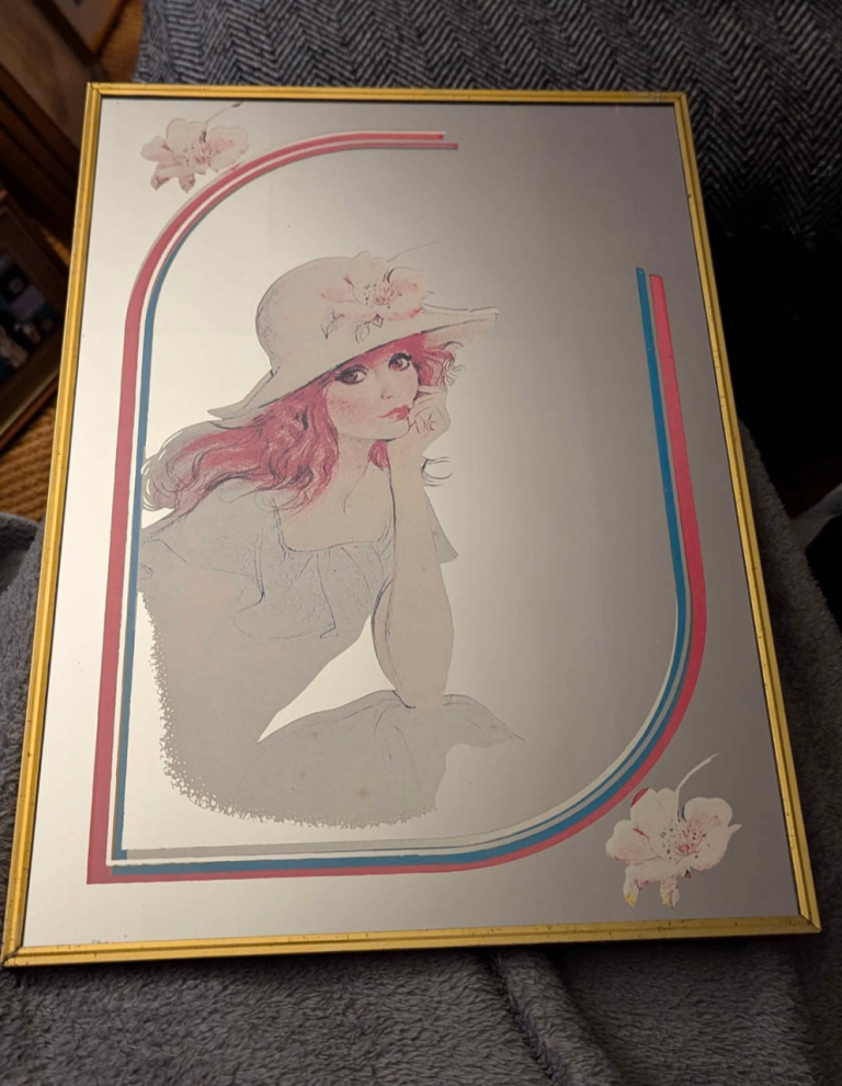 Vintage Framed Mirror with Lady Print