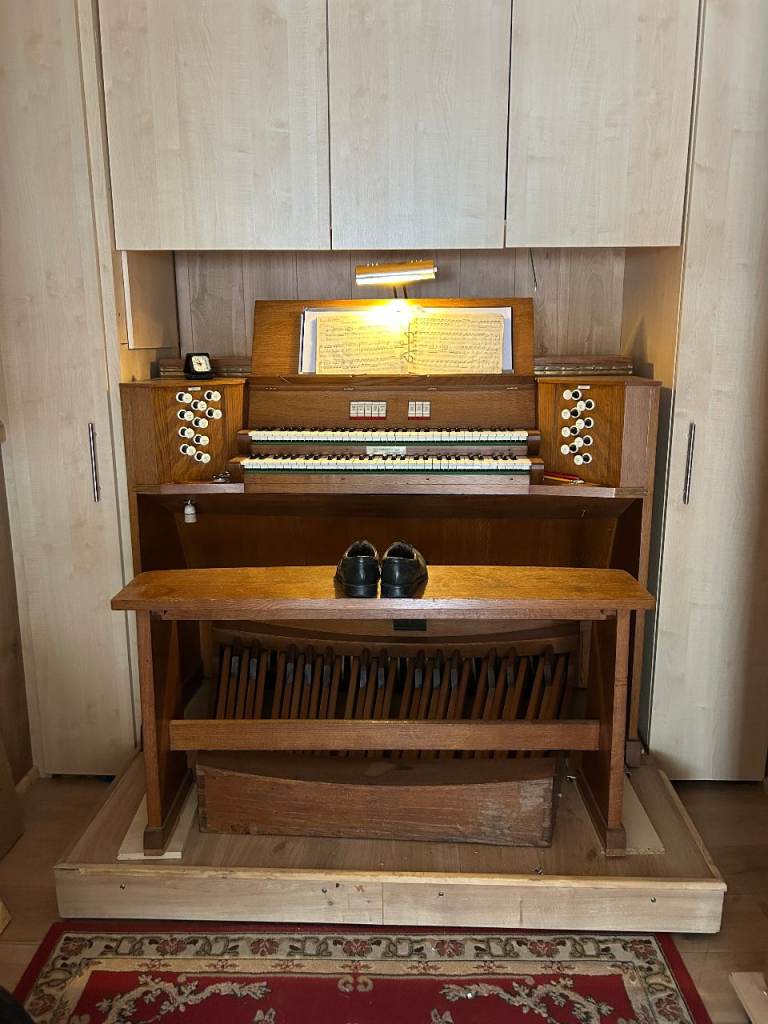 Vintage Wooden Music Organ with Pedals and Bench