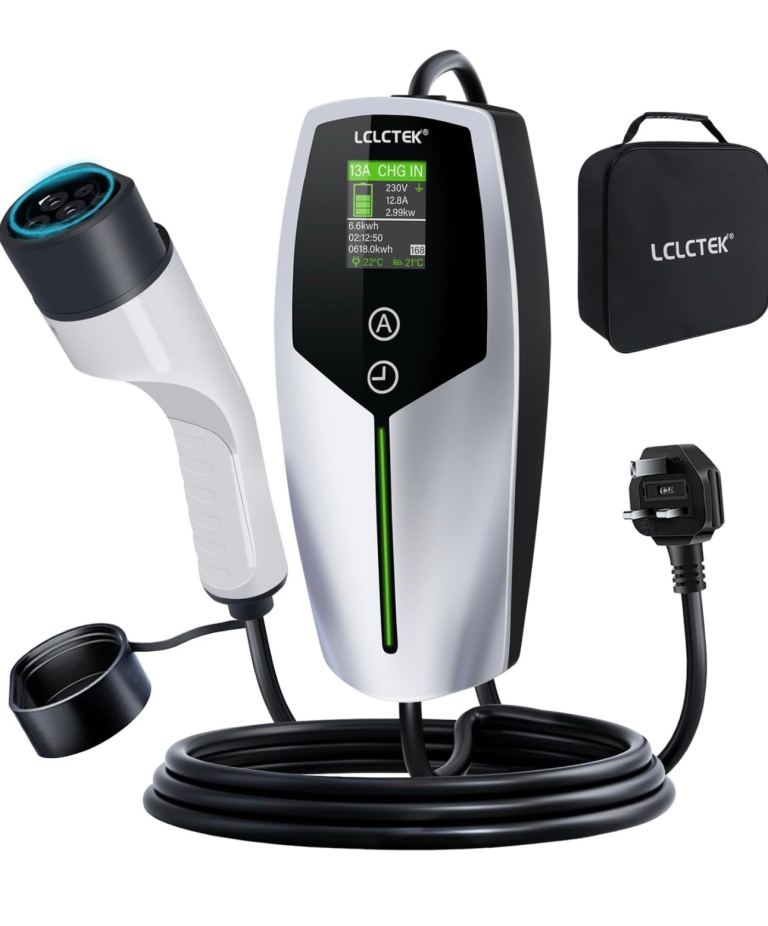 [New] 3KW EV Charger Type 2 to 3 Pin Plug 8-meter,Portable UK 3 Pin with Display, IP65 Waterproof