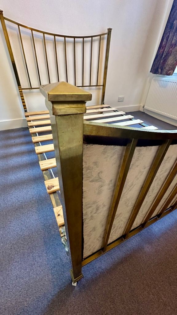 Antique French Art Deco Brass Double Bed Frame with Wooden Slats – Good Condition