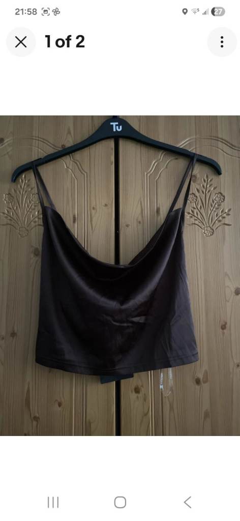 Parisian Chocolate Brown Satin Criss Cross Back Cropped Strappy Top BNWT Size 12