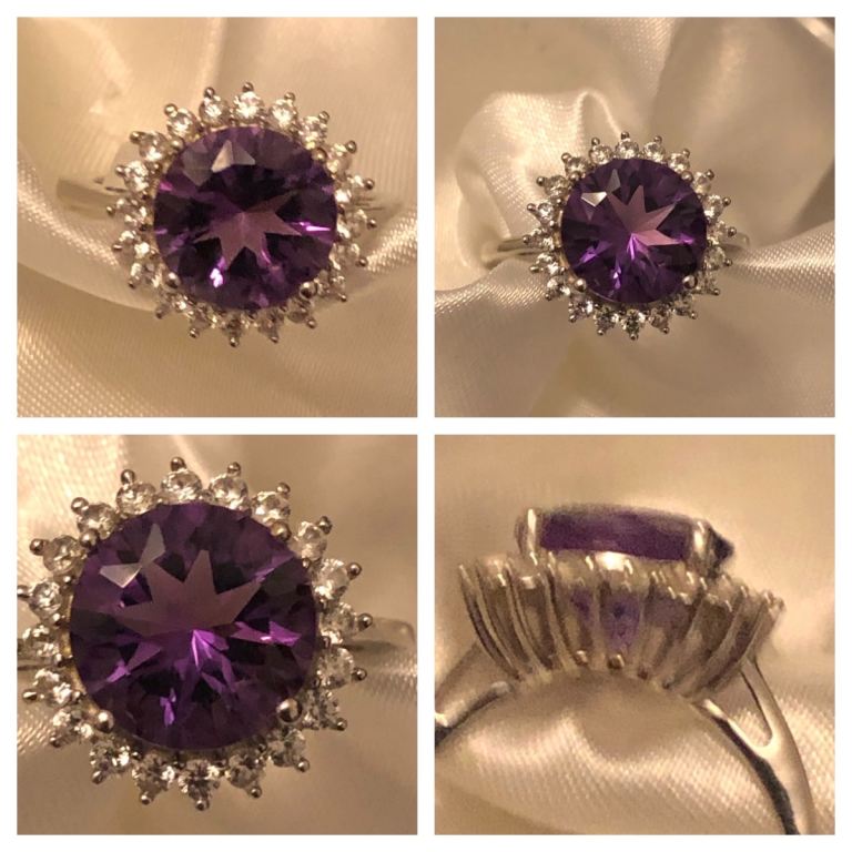 Womans Amethyst Ring Stone 10x10 Silver 925 platinum overlay Size M N O left New 