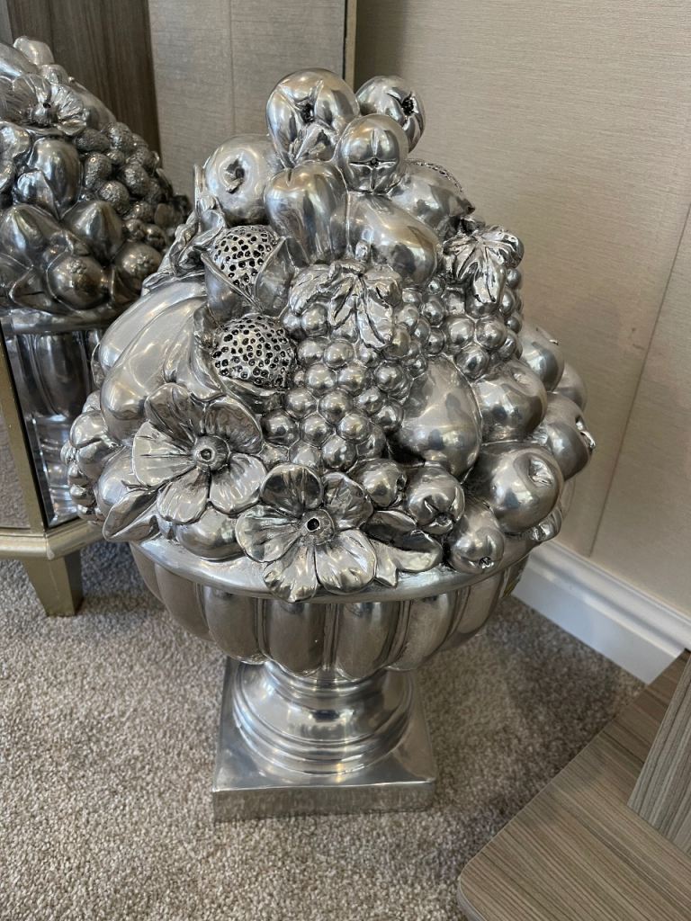 Large Silver Fruit Bowl Figurines – Ornate Decor Pair