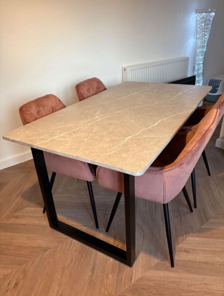 Modern Grey Marble Effect Dining Table with Black Metal Legs