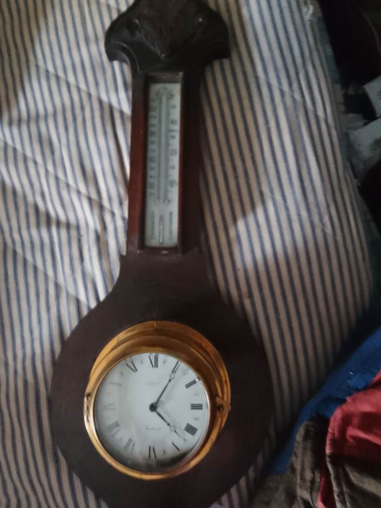 Large wooden barometer casing Victorian carved oak ! Refurbished with clock inserted  AA batteries 