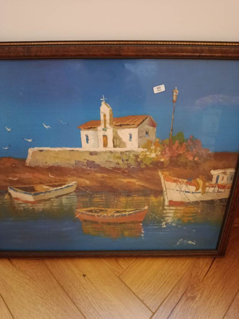 Oil Painting with Glass Cover - Water scene Boats