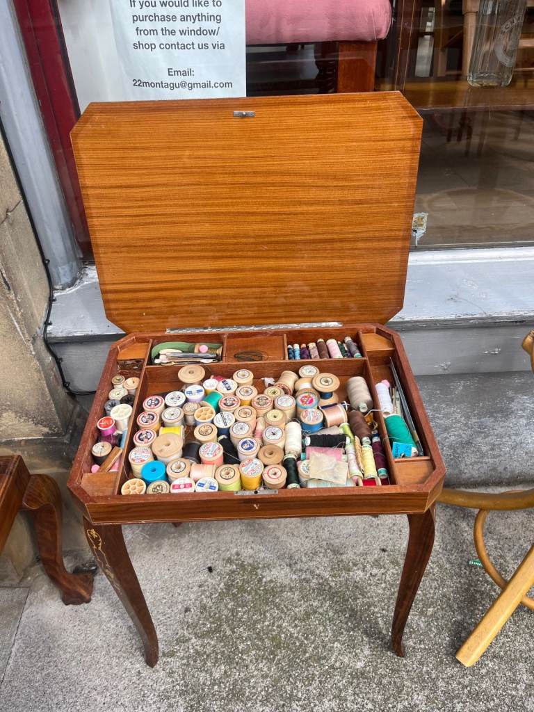 Vintage Wooden Musical Sewing Box Table with Inlay Detail