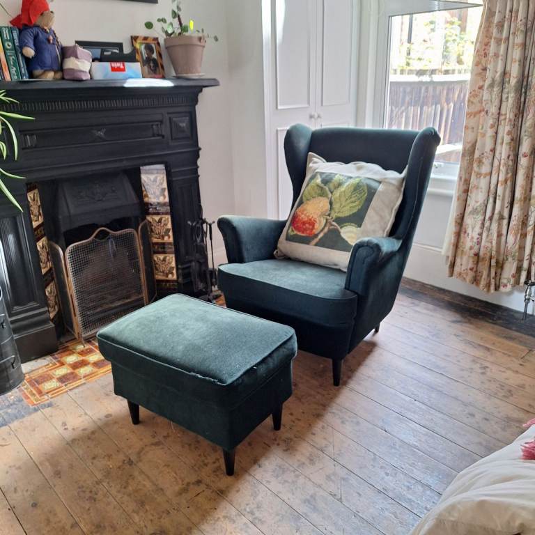 Green Ikea chair and footstool