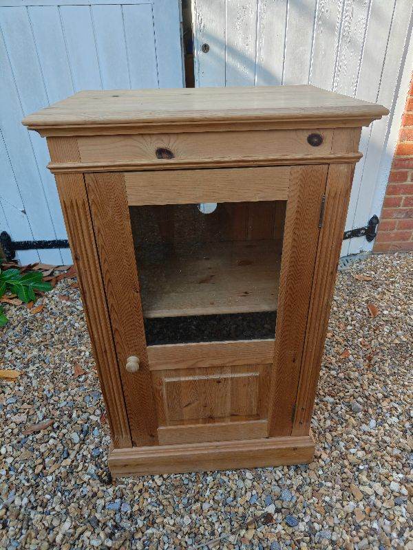 Solid Pine Wood Stereo / Display Cabinet with Glass Door - Good Condition