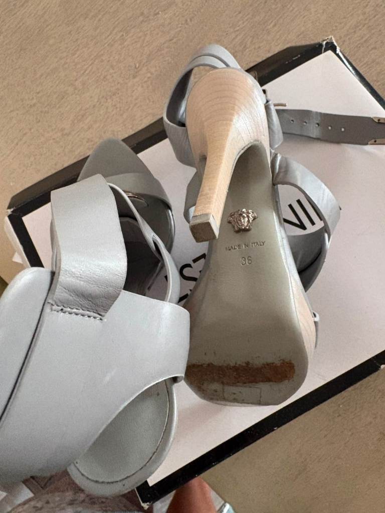 Versace Grey Leather High Heel Sandals - Size 38