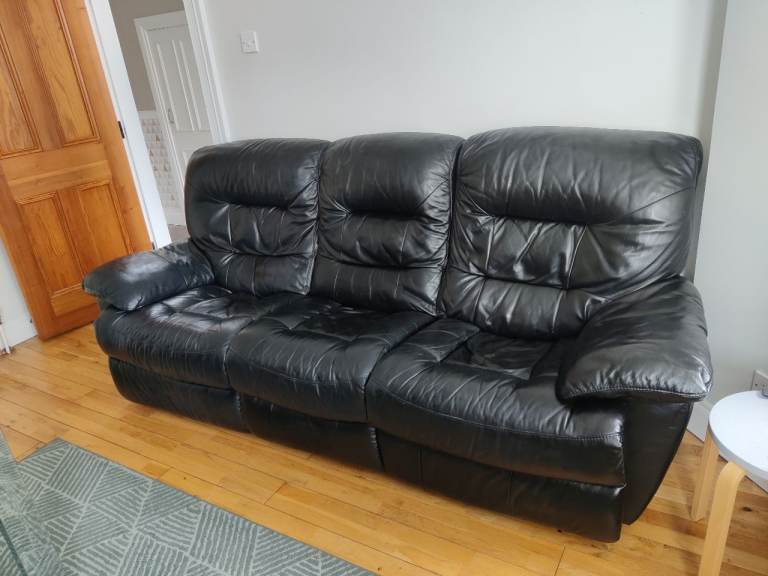 Genuine black leather 3 seater reclining sofa