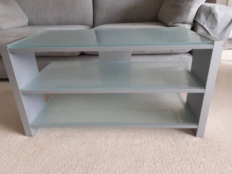 TV Stand. 3 Shelves. Light Green Smoked Glass. Excellent Condition. 