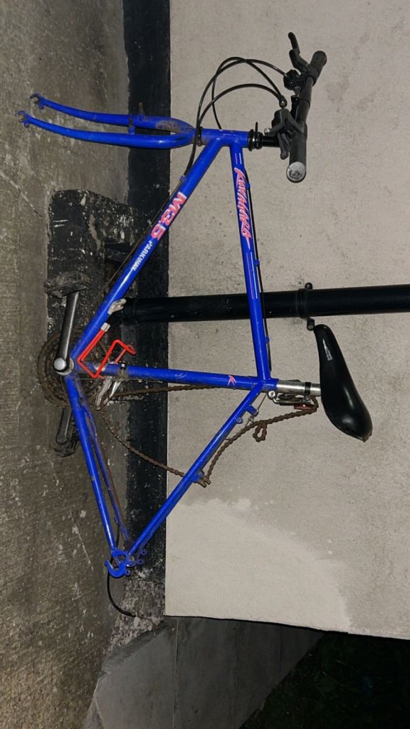 Blue Mountain Bike Parts: Frame, Seat, and Rear Wheel for Project