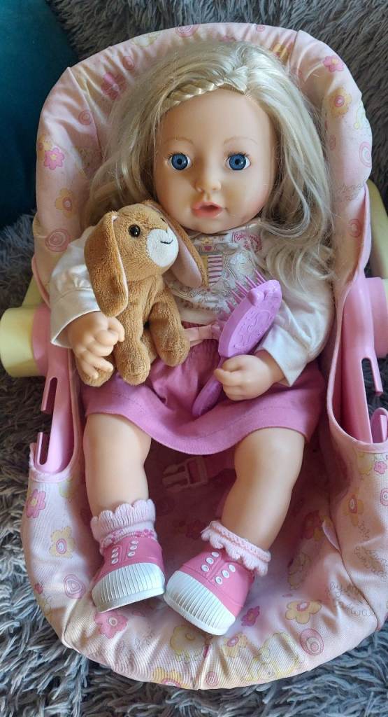 Baby Anna Bell 43cm Sophie doll and Doll carrier ,/car seat bundle 