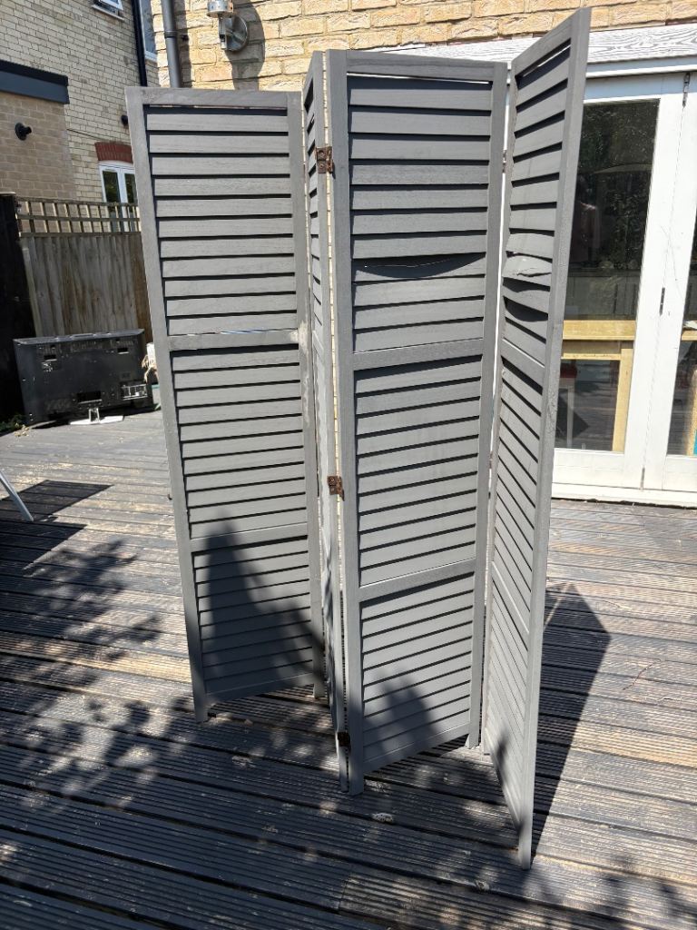 Grey Wooden Folding Screen Room Divider – Good Condition with Minor Damage