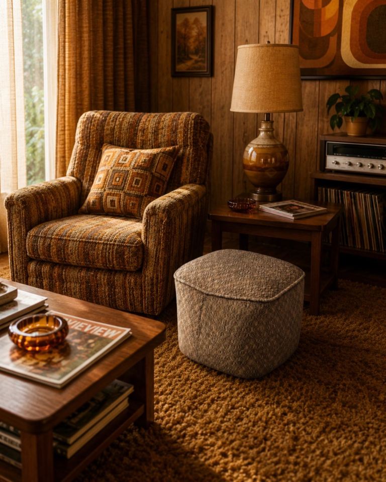 A Vintage Retro square footstool/pouffe in original Retro brown fabric