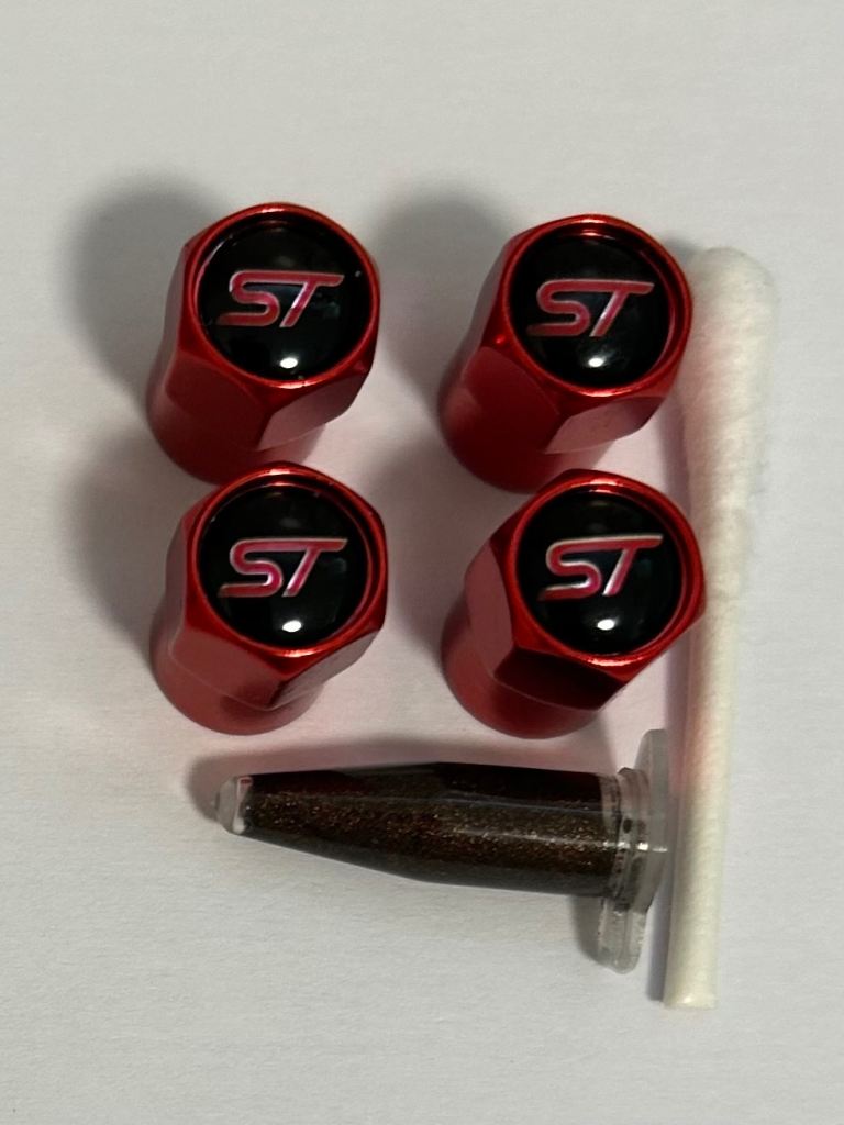 New Ford ST Aluminium Tyre Valve Caps with Grease