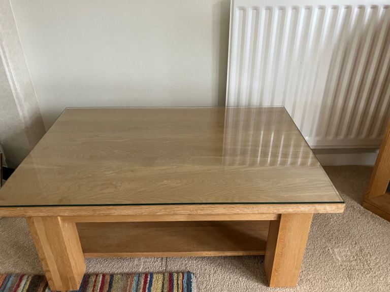 image for Solid Oak Coffee Table with Glass Protector 