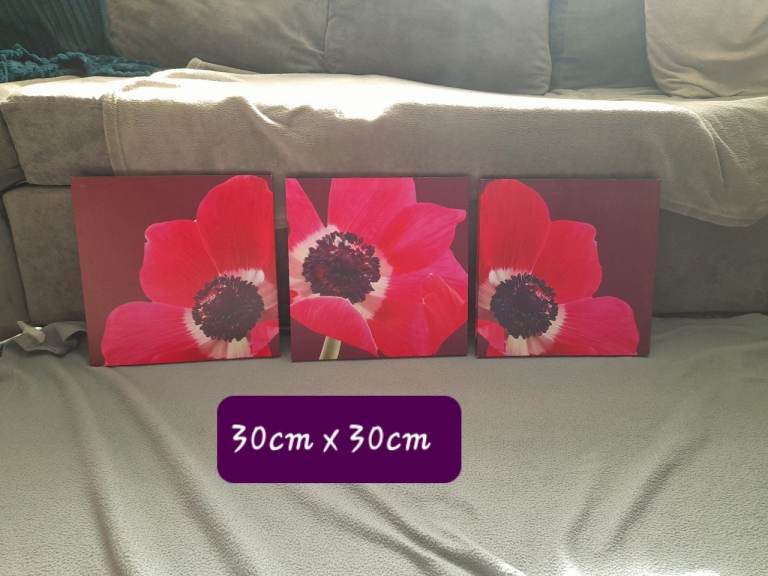 3 Flower Canvas Print Wall Hanging Decor Plum Purple Pink Red