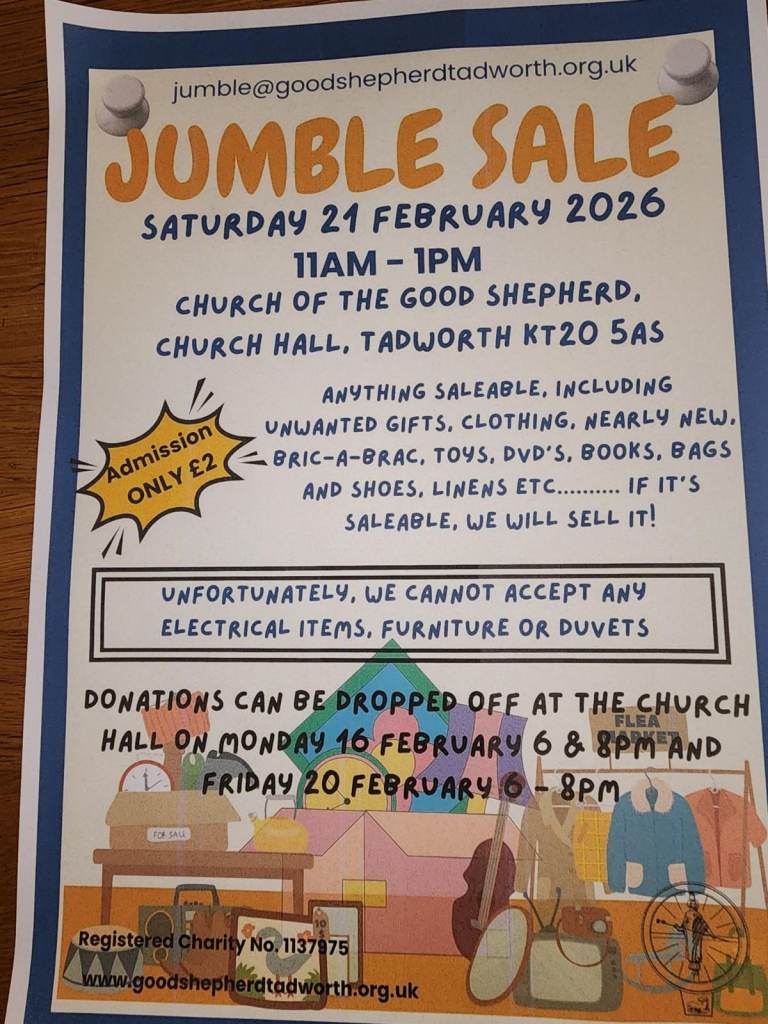 JUMBLE SALE TADWORTH  SATURDAY 21 FEBRUARY KT20 5AS