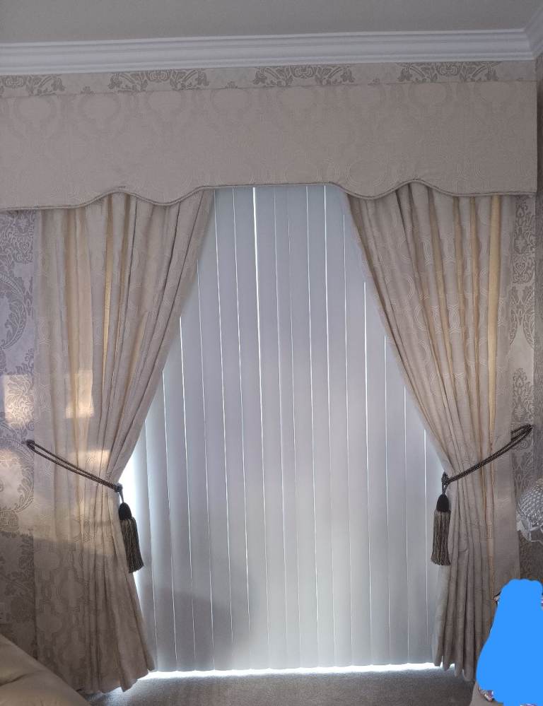 Cream pelmets and curtains 