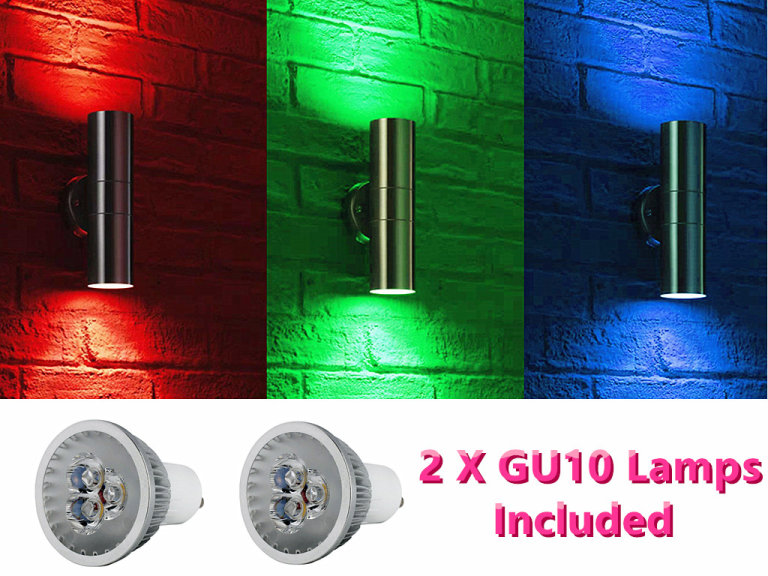 Stainless Steel Up Down Wall Light IP65 Waterproof Outdoor, 2 x LED GU10 Bulbs Red/Green/Blue